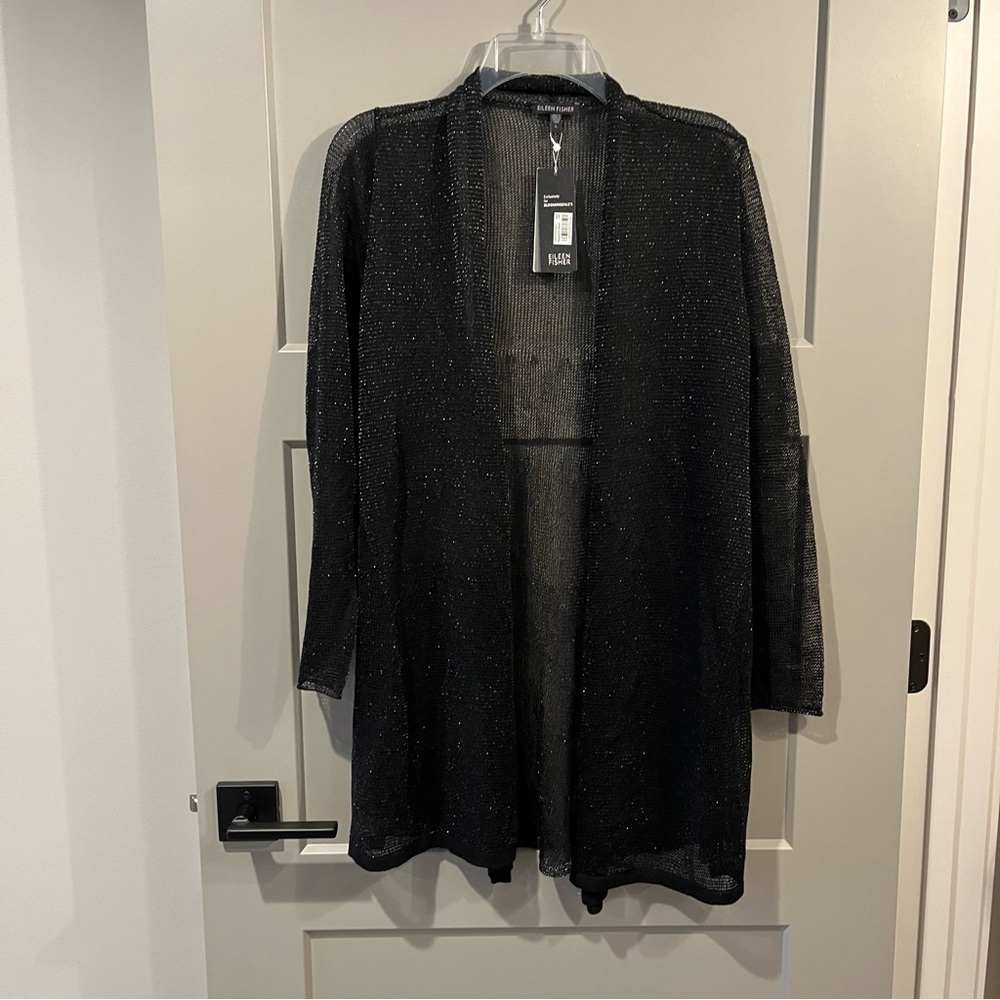 NWT Eileen Fisher Large Black Open Cardigan Metallic Wool F3CGG-K1752 $278